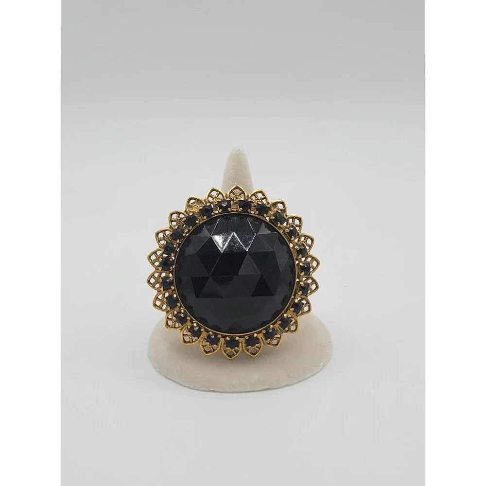 Vintage Black Faceted Glass Rhinestone Filigree Brooch Pendant